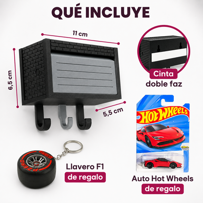 Kit MiniGaraje Porta llaves + Hot Wheels + llavero F1