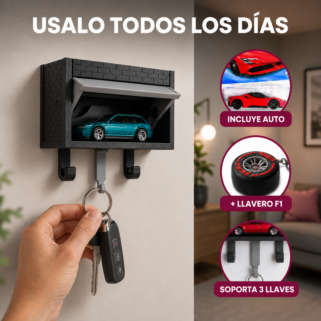 Kit MiniGaraje Porta llaves + Hot Wheels + llavero F1